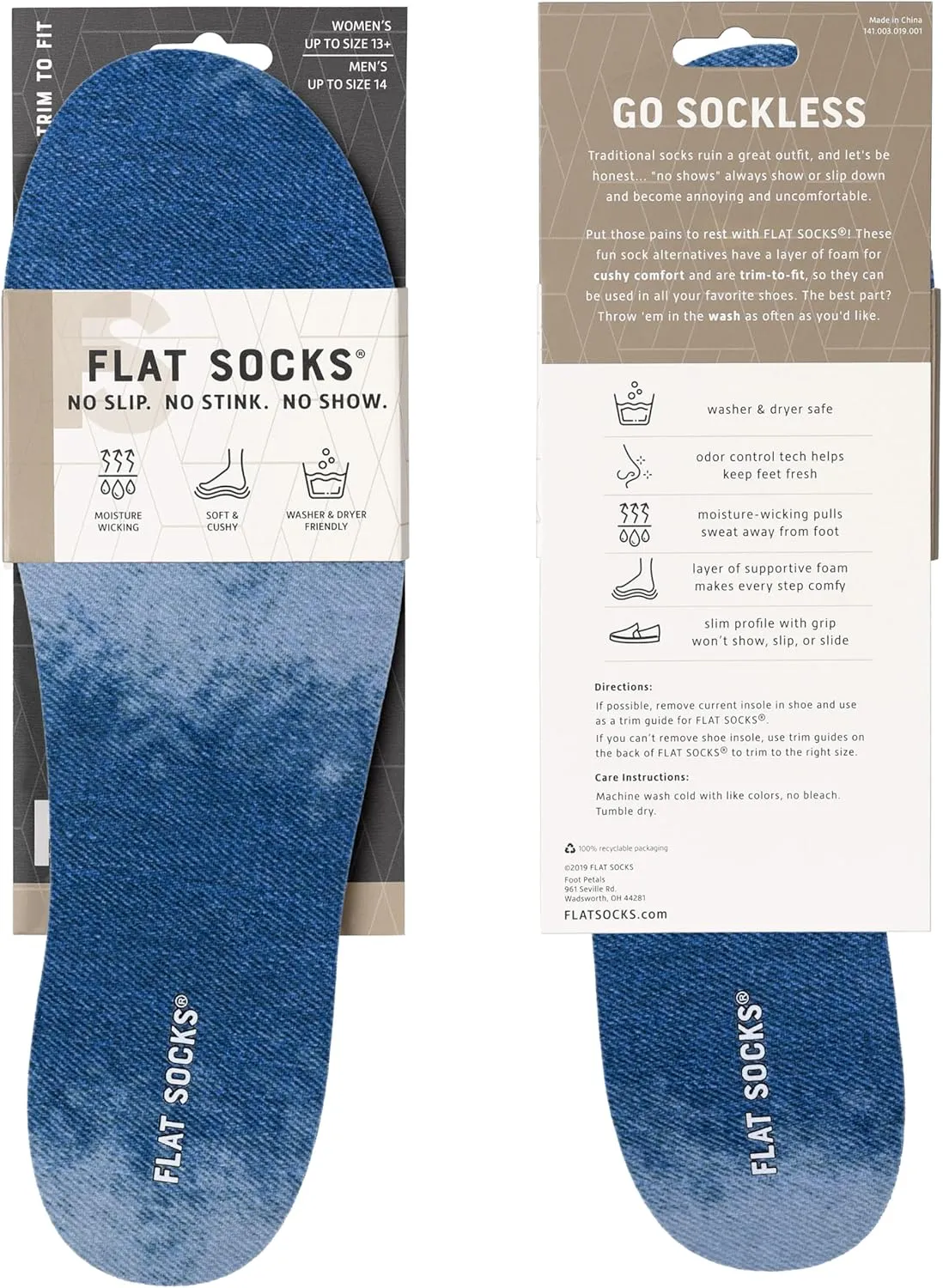 FLAT SOCKS No Show Socks, Sockless Shoe Liner, No Slipping, No Stinking, Washable Barefoot Shoe Insert, Classic