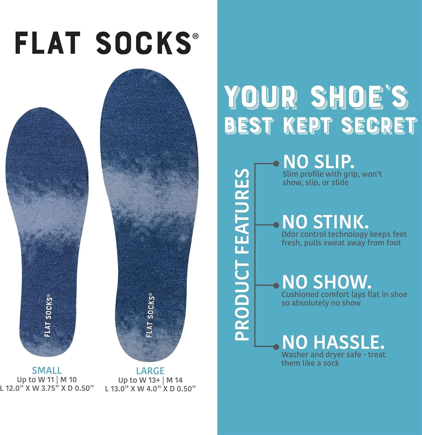 FLAT SOCKS No Show Socks, Sockless Shoe Liner, No Slipping, No Stinking, Washable Barefoot Shoe Insert, Classic