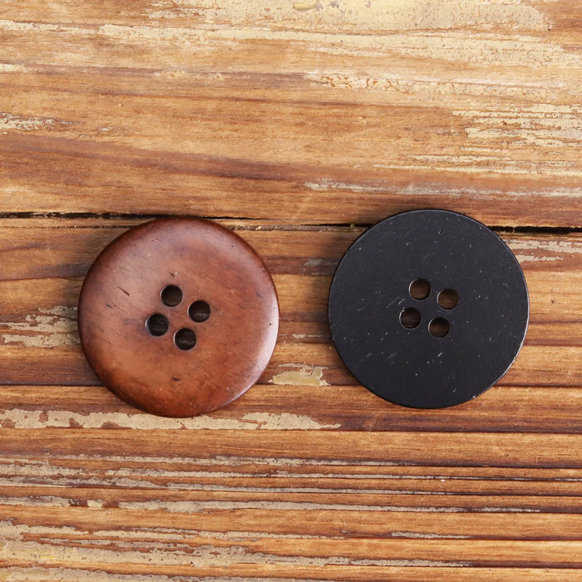 Flat Thin-Edged Four-Hole Black Bovine Bone Buttons 10pcs