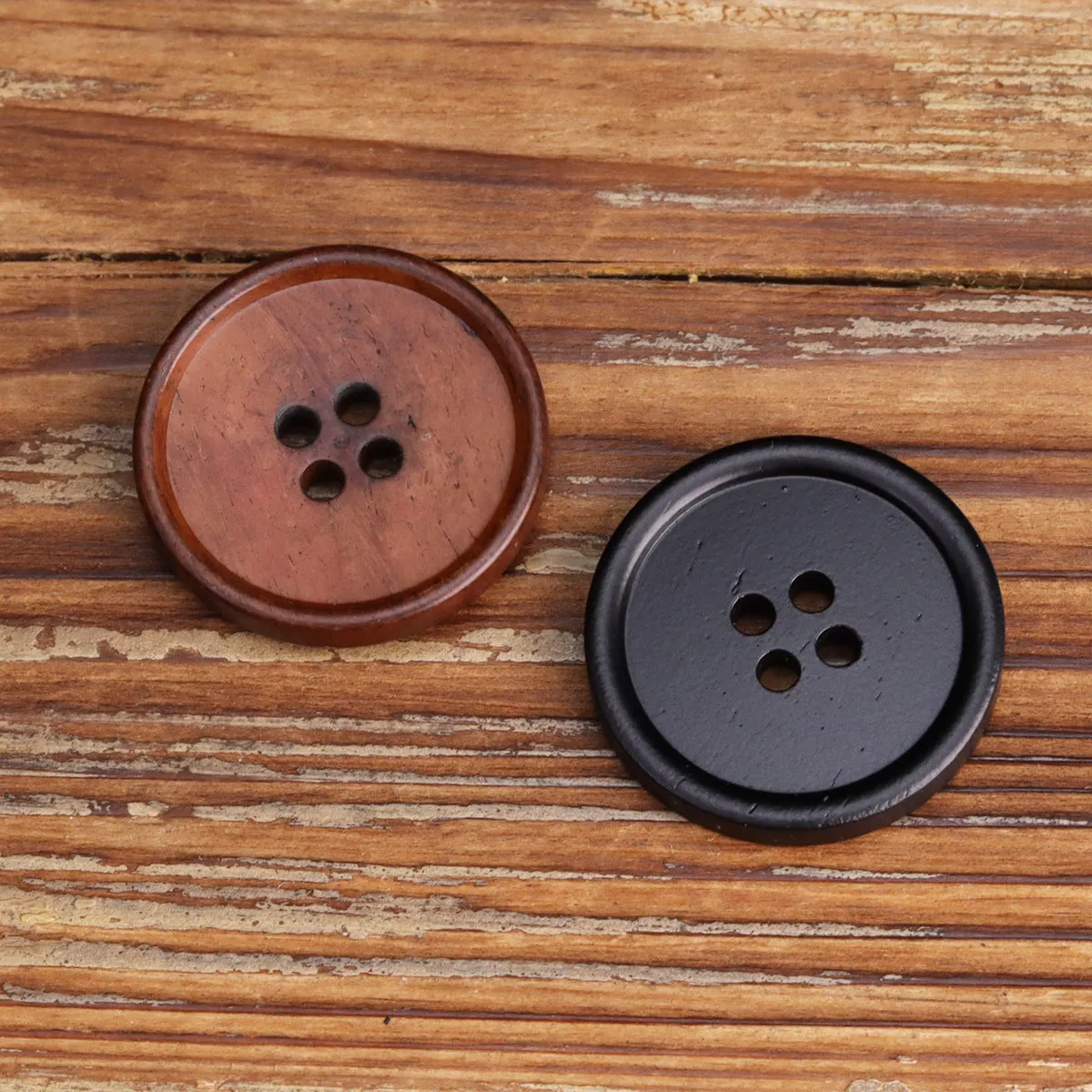 Flat Thin-Edged Four-Hole Black Bovine Bone Buttons 10pcs