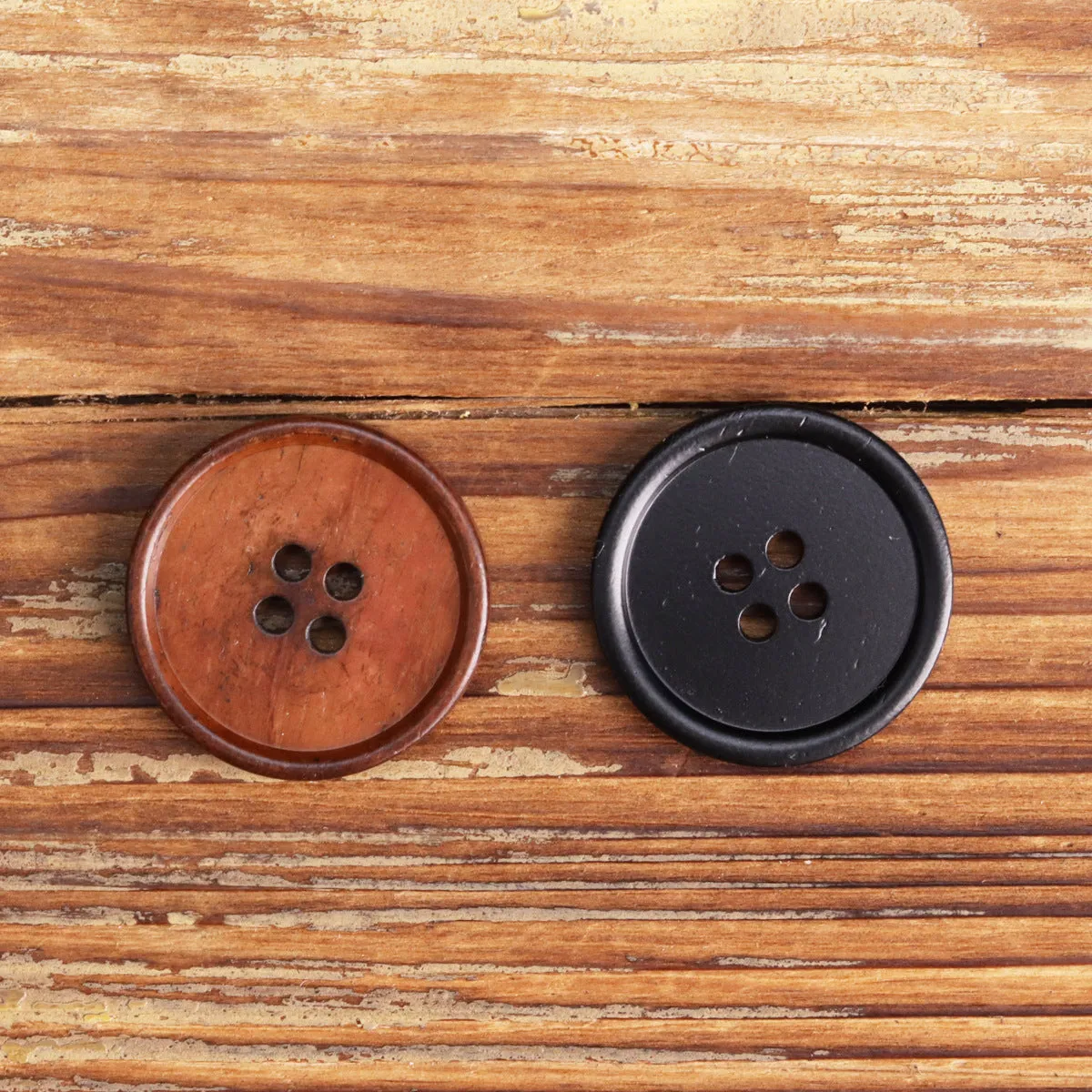 Flat Thin-Edged Four-Hole Black Bovine Bone Buttons 10pcs