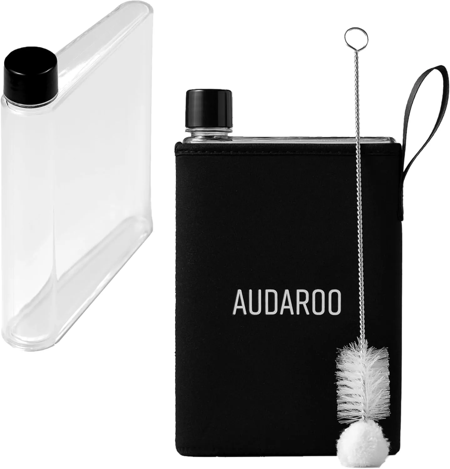 Flat Water Bottles For Travel (14.2 oz)-Flat Water Bottle For Purse w/ Black Neoprene Sleeve, Cleaning Brush-Skinny Water Bottle-Plastic Flask-BPA Free-Slim Water Bottle For Travel-Small Water Bottles