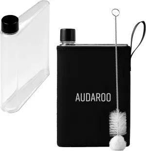 Flat Water Bottles For Travel (14.2 oz)-Flat Water Bottle For Purse w/ Black Neoprene Sleeve, Cleaning Brush-Skinny Water Bottle-Plastic Flask-BPA Free-Slim Water Bottle For Travel-Small Water Bottles