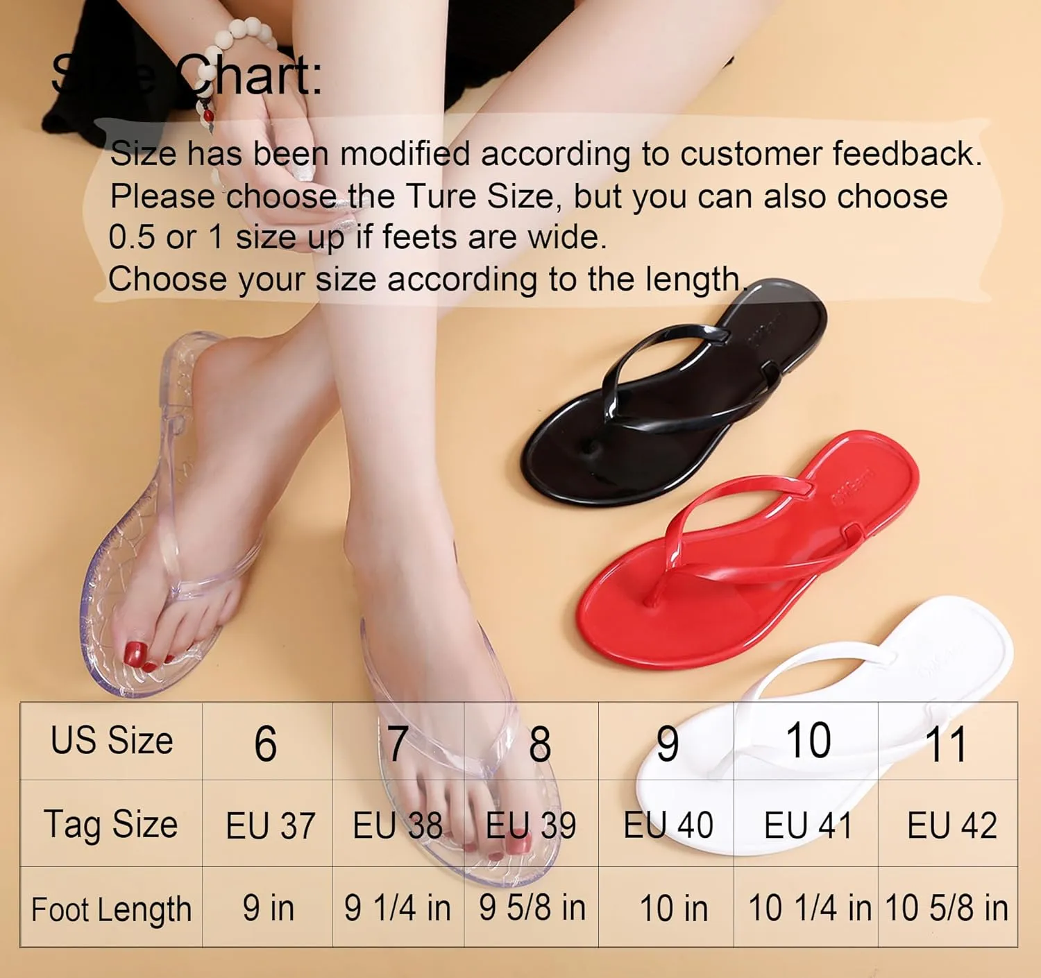 Flip Flops for Women Jelly Sandals Thong Flats Jellies Shoes Clear Slipper Summer Beach Pool Slides Size 10 Slip On Quick Drying Soft
