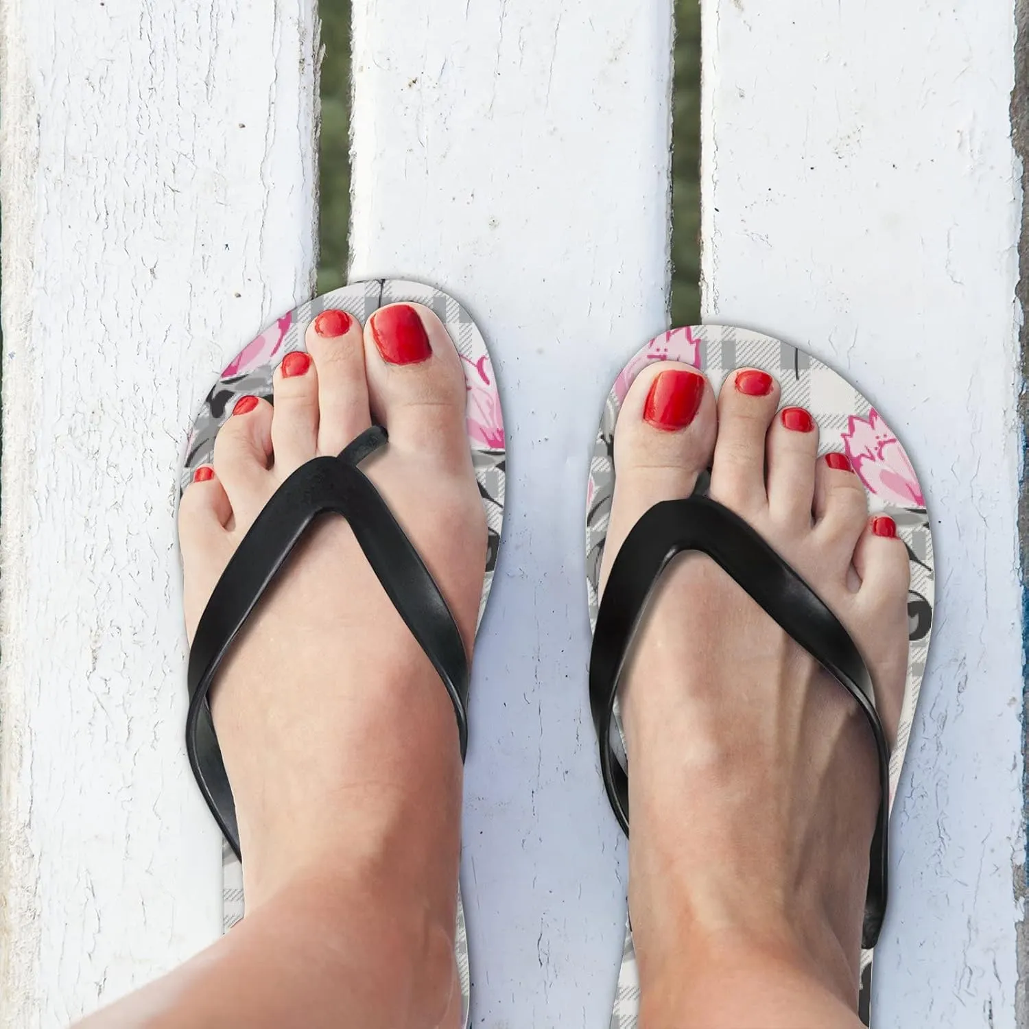 Flip Flops Rose Floral Flowers Plaid Striped Geometric Slide Sandals Summer Beach Slippers Thong Sandal Casual Yoga Mat Flat Slides for Women Men