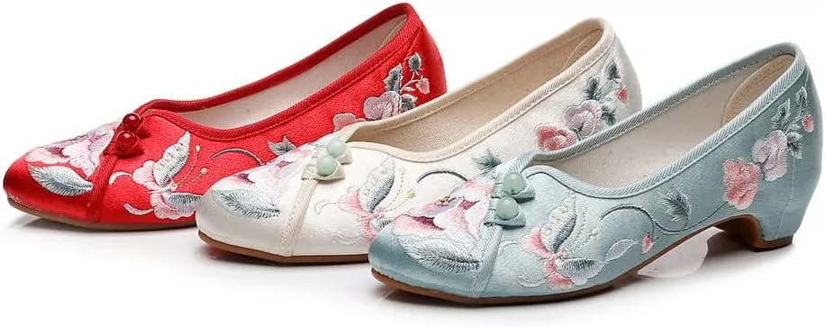 Floral Handmade Embroidered Shoes for Women Retro Classic Ballet High Heels Shoes Pointed Toe Slip On Comfortable Loafer Mary Jane Flats Cheongsam Shoes