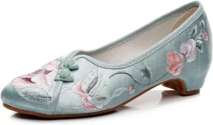 Floral Handmade Embroidered Shoes for Women Retro Classic Ballet High Heels Shoes Pointed Toe Slip On Comfortable Loafer Mary Jane Flats Cheongsam Shoes