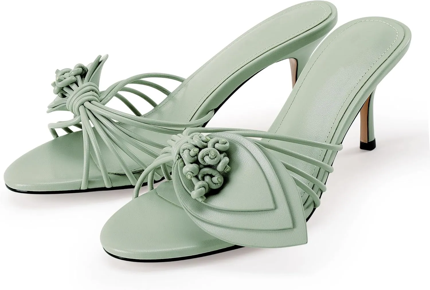 Floral Heeled Sandals for Women 2.75 Inch Stiletto Open Toe Kitten Heel Mules with Tassel Detailing, Slip-On Summer Party Dress Shoes