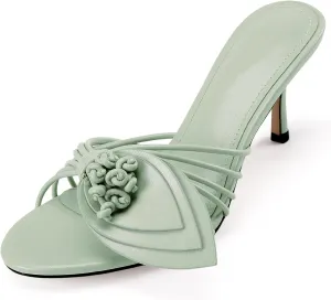 Floral Heeled Sandals for Women 2.75 Inch Stiletto Open Toe Kitten Heel Mules with Tassel Detailing, Slip-On Summer Party Dress Shoes