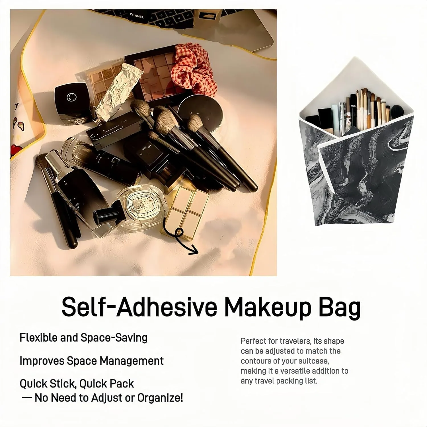 Foldable Magic Wrap Travel Makeup Bag: Lay Flat, Expandable, Soft & Washable Magic Self-Adhesive Cloth for Cosmetics，3pcs Pack
