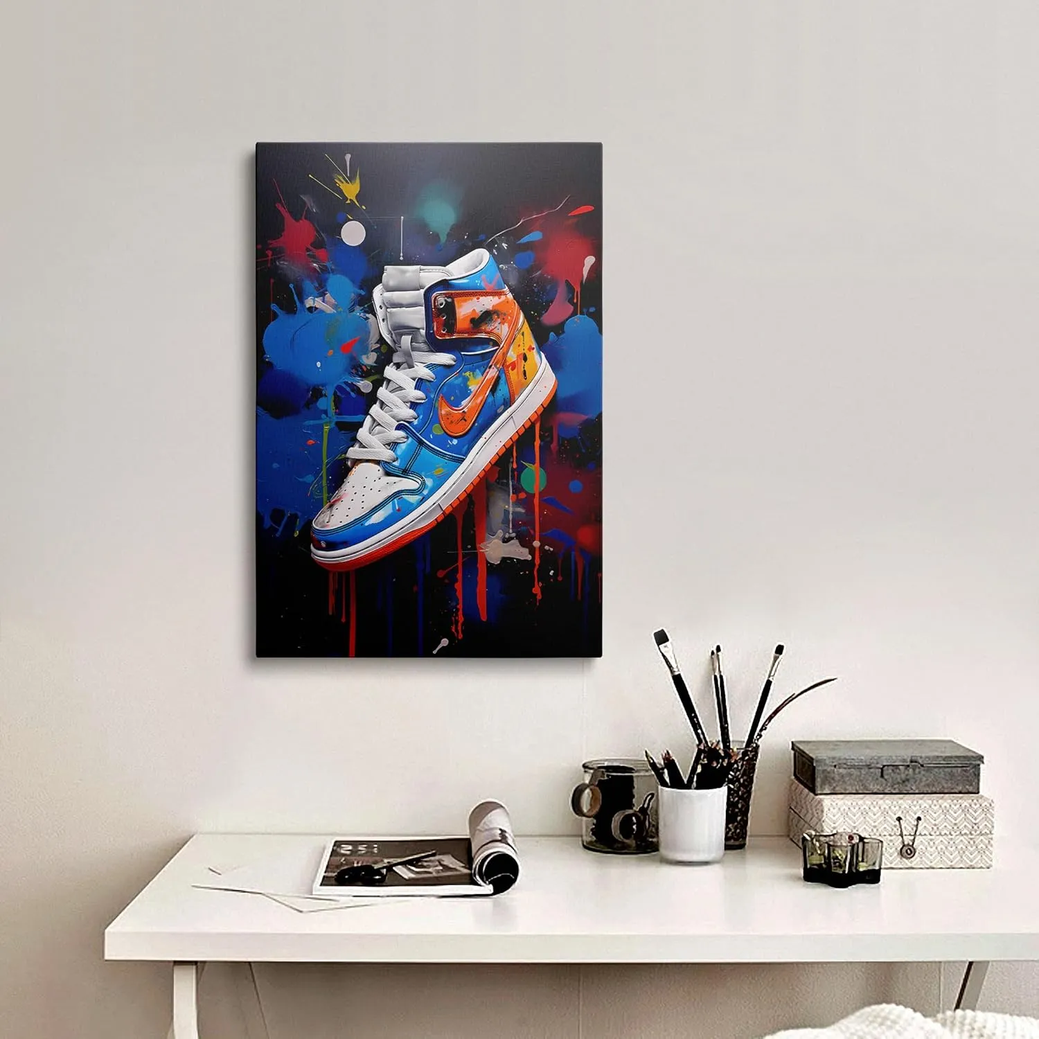 Framed Trendy Cool Banksy Graffiti Pop Sneaker Shoe Canvas Wall Art Gym Sports Decor Poster For Living Room Bedroom Home Office Artwork Giftss Ready To Hang(24x36 Inches)