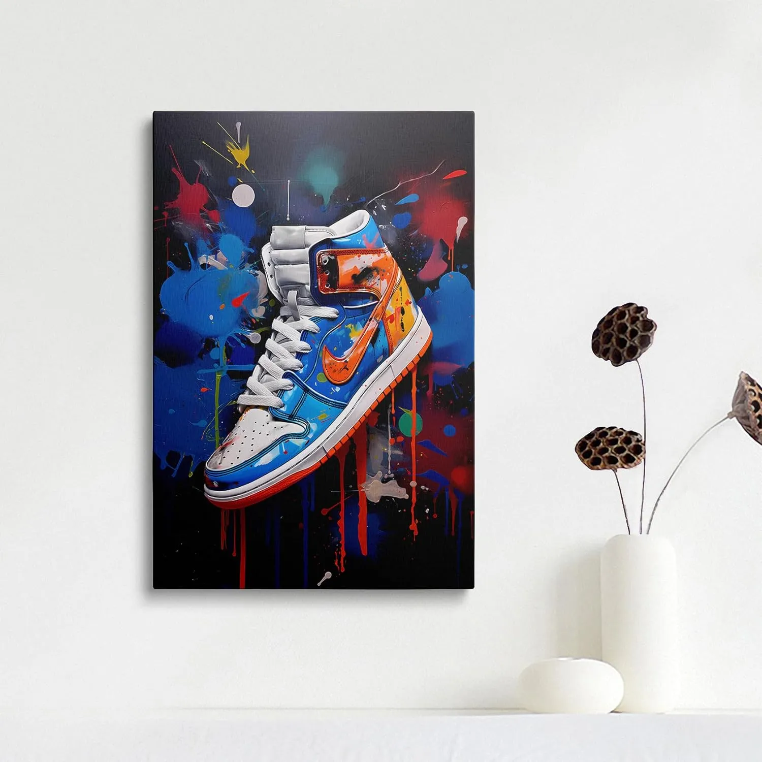 Framed Trendy Cool Banksy Graffiti Pop Sneaker Shoe Canvas Wall Art Gym Sports Decor Poster For Living Room Bedroom Home Office Artwork Giftss Ready To Hang(24x36 Inches)