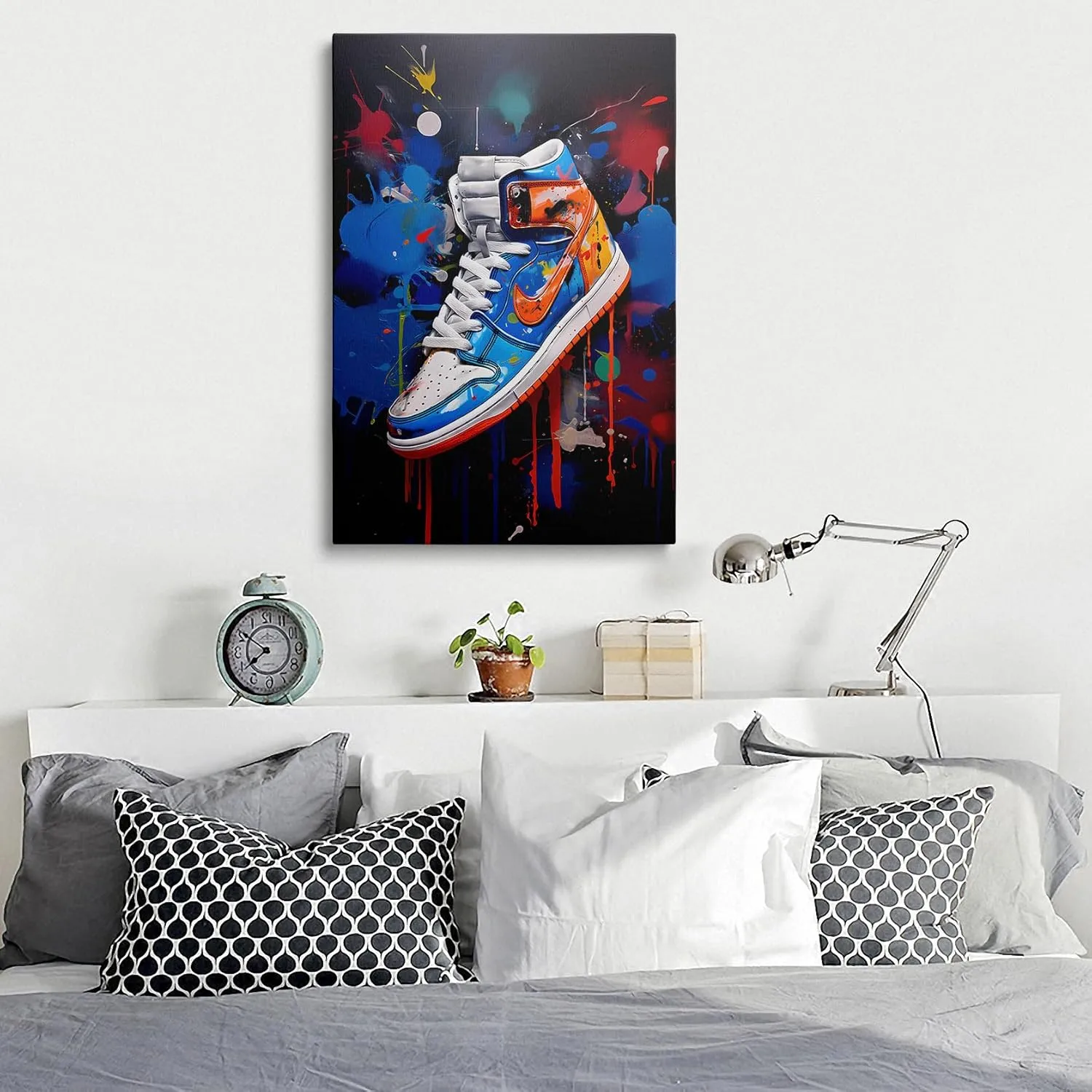Framed Trendy Cool Banksy Graffiti Pop Sneaker Shoe Canvas Wall Art Gym Sports Decor Poster For Living Room Bedroom Home Office Artwork Giftss Ready To Hang(24x36 Inches)