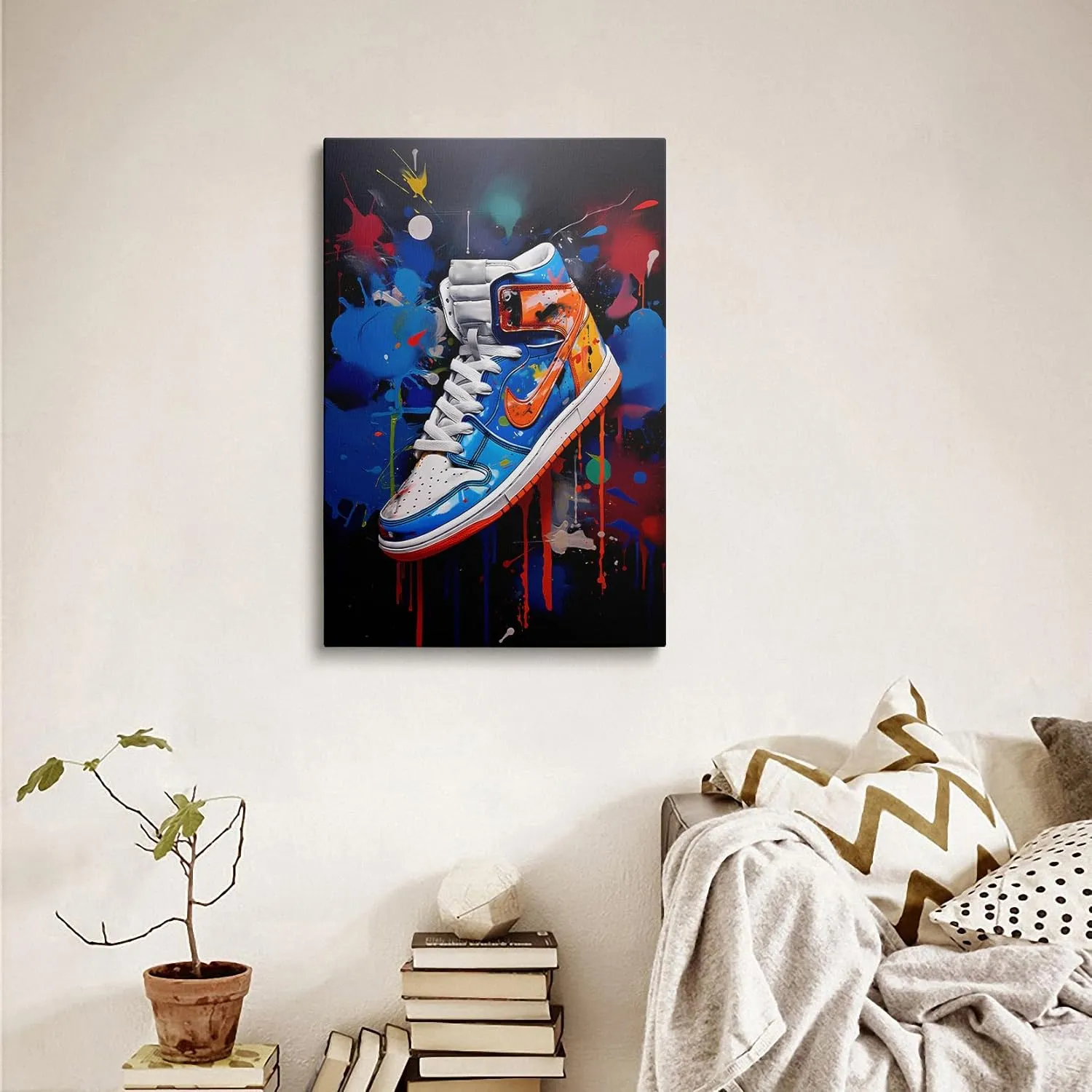 Framed Trendy Cool Banksy Graffiti Pop Sneaker Shoe Canvas Wall Art Gym Sports Decor Poster For Living Room Bedroom Home Office Artwork Giftss Ready To Hang(24x36 Inches)