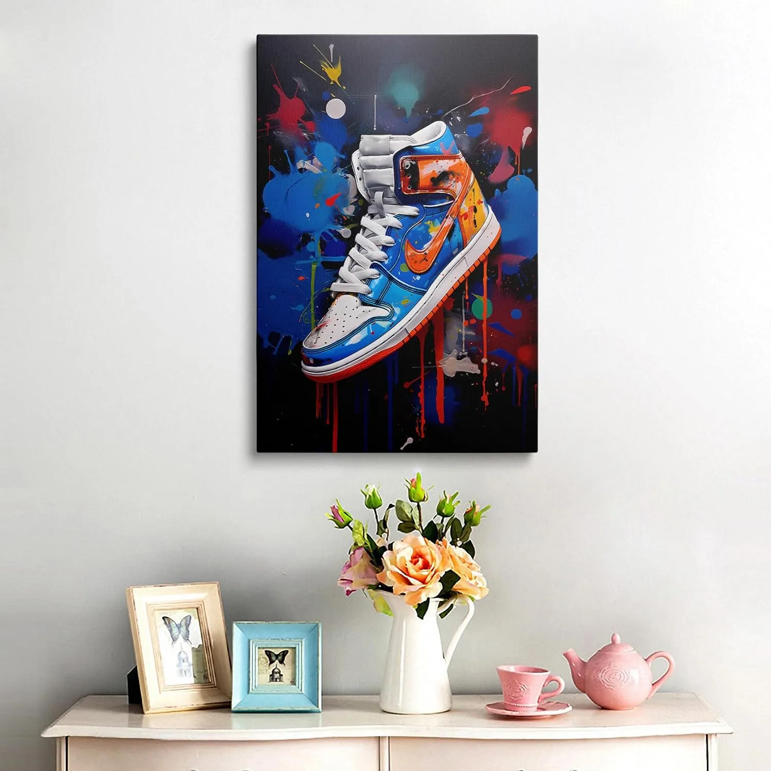 Framed Trendy Cool Banksy Graffiti Pop Sneaker Shoe Canvas Wall Art Gym Sports Decor Poster For Living Room Bedroom Home Office Artwork Giftss Ready To Hang(24x36 Inches)