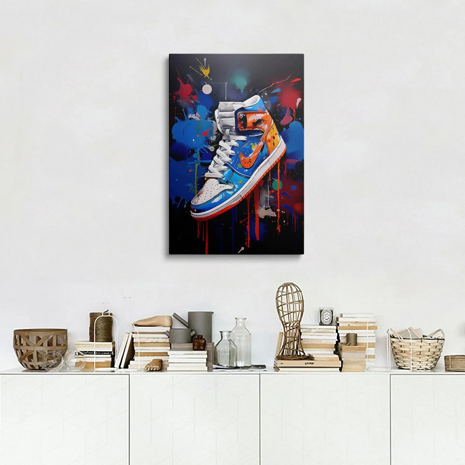 Framed Trendy Cool Banksy Graffiti Pop Sneaker Shoe Canvas Wall Art Gym Sports Decor Poster For Living Room Bedroom Home Office Artwork Giftss Ready To Hang(24x36 Inches)
