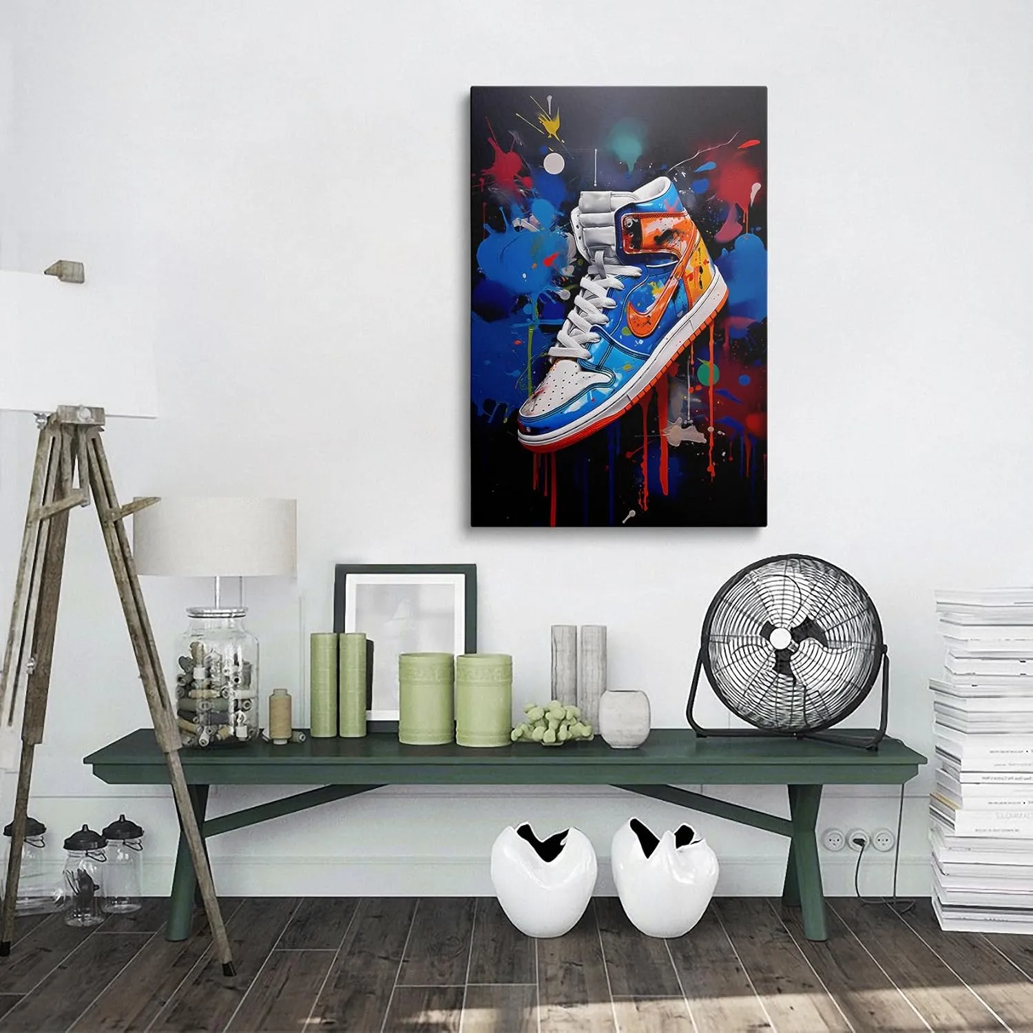 Framed Trendy Cool Banksy Graffiti Pop Sneaker Shoe Canvas Wall Art Gym Sports Decor Poster For Living Room Bedroom Home Office Artwork Giftss Ready To Hang(24x36 Inches)