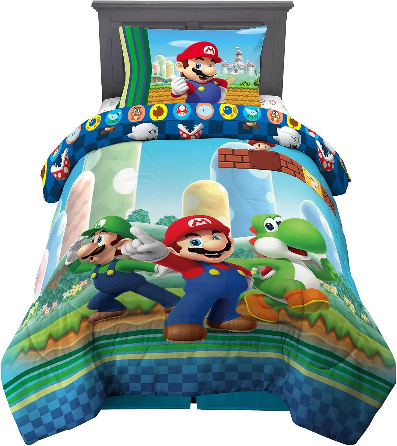 Franco Kids Bedding Super Soft Comforter and Sheet Set, 4 Piece Twin Size, Mario