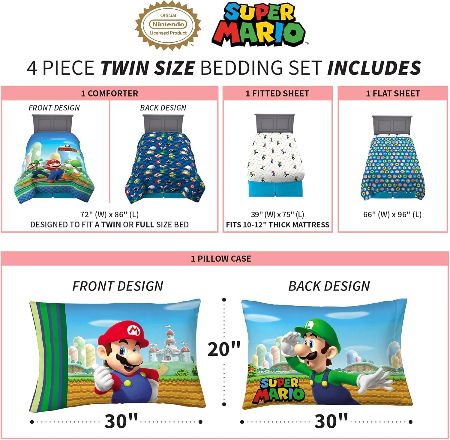 Franco Kids Bedding Super Soft Comforter and Sheet Set, 4 Piece Twin Size, Mario