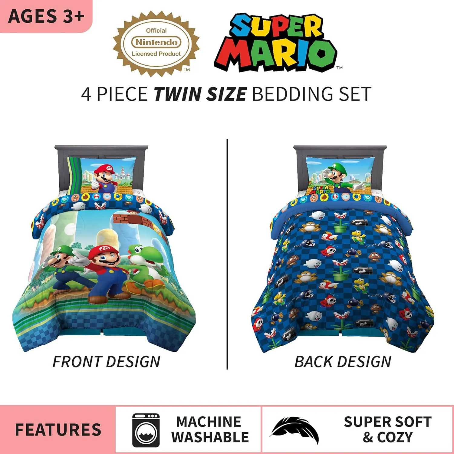 Franco Kids Bedding Super Soft Comforter and Sheet Set, 4 Piece Twin Size, Mario