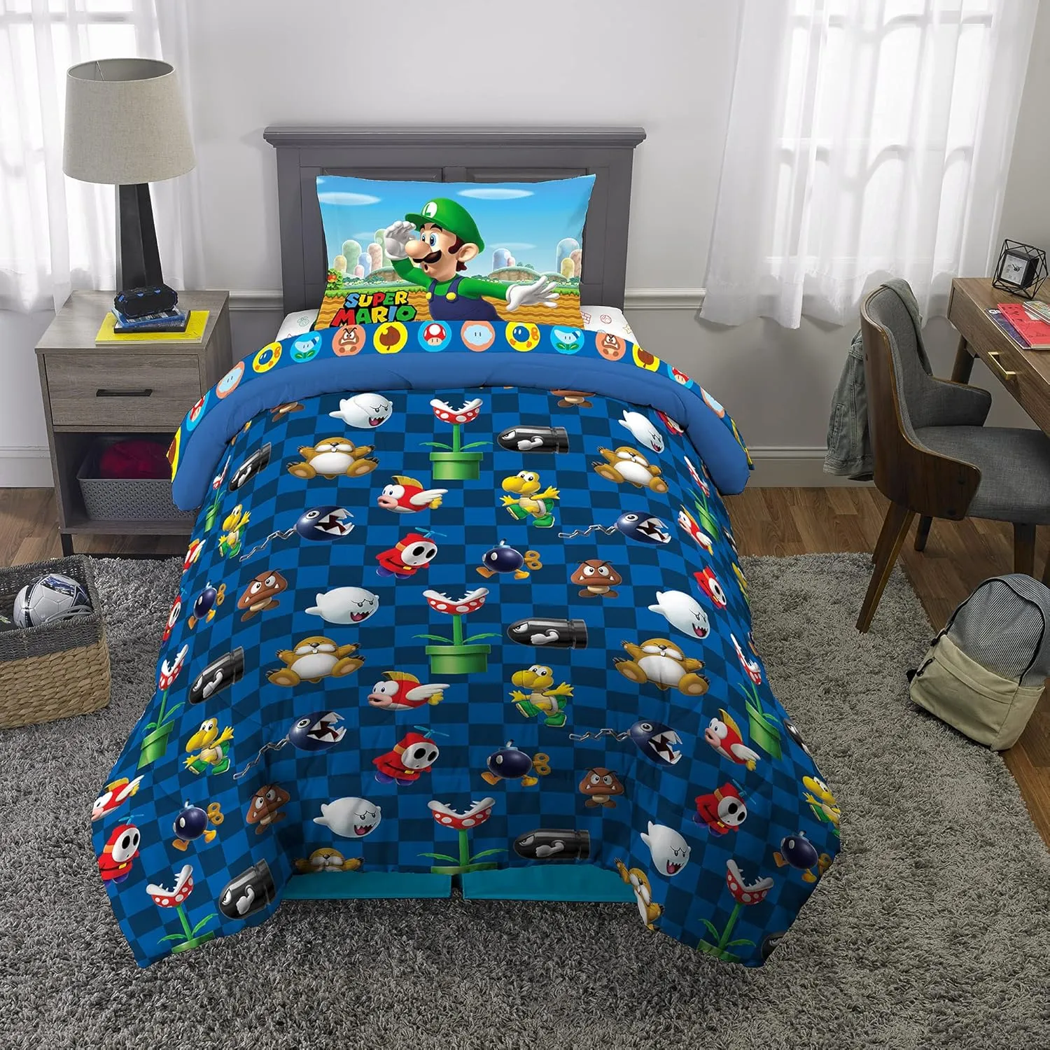 Franco Kids Bedding Super Soft Comforter and Sheet Set, 4 Piece Twin Size, Mario