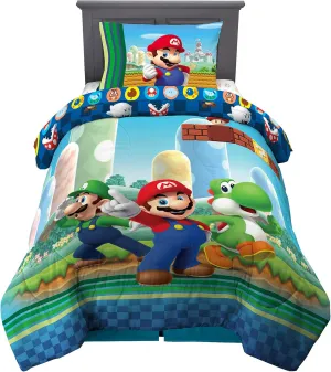 Franco Kids Bedding Super Soft Comforter and Sheet Set, 4 Piece Twin Size, Mario