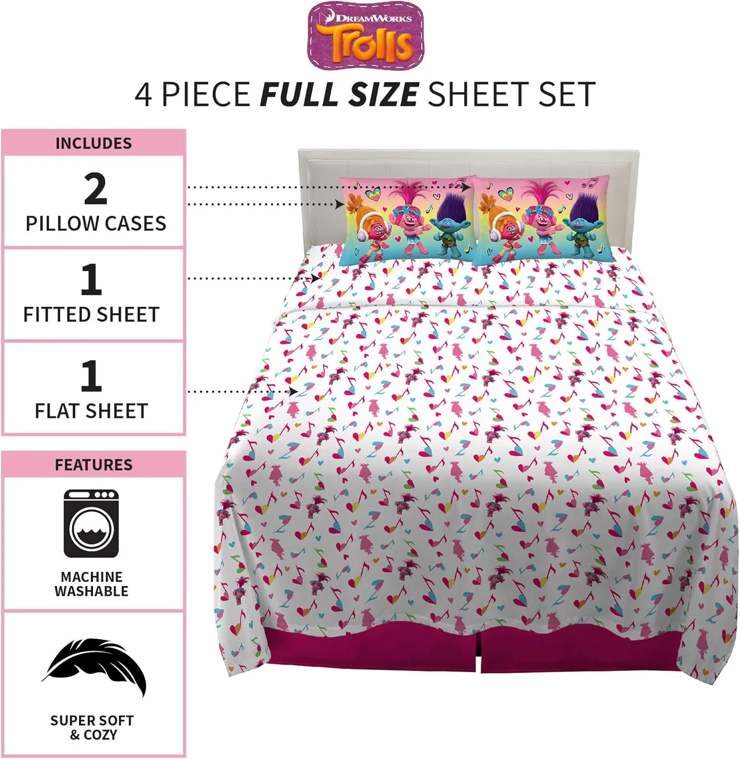 Franco Kids Bedding Super Soft Sheet Set, 4 Piece Full Size, Trolls(Print May Vary)