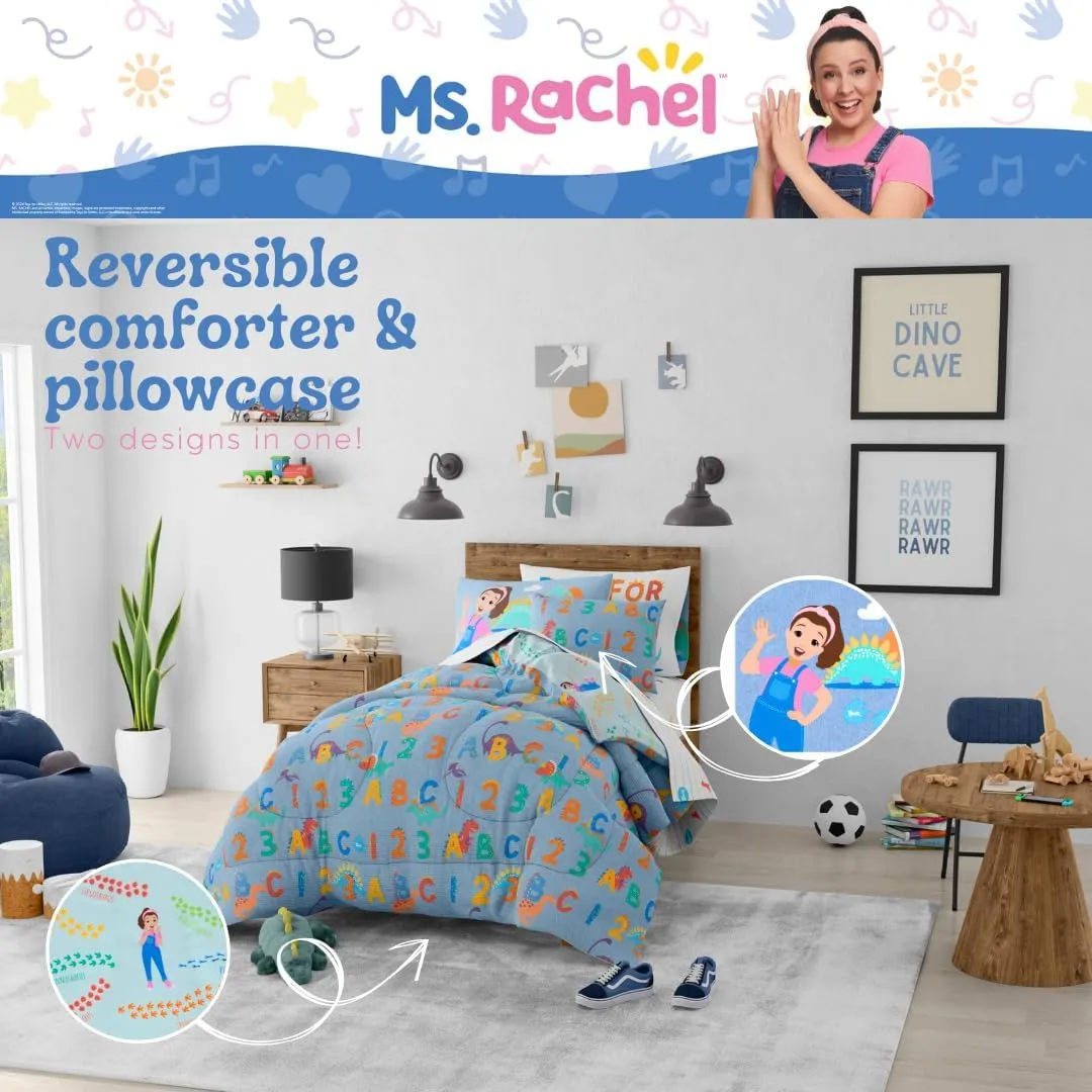 Franco Ms. Rachel Educational Adventures Dino Learning Kids Bedding Super Soft & Cozy Reversible Microfiber Comforter and Sheet Set, 4 Piece Twin Size, (Officially Licensed Product)