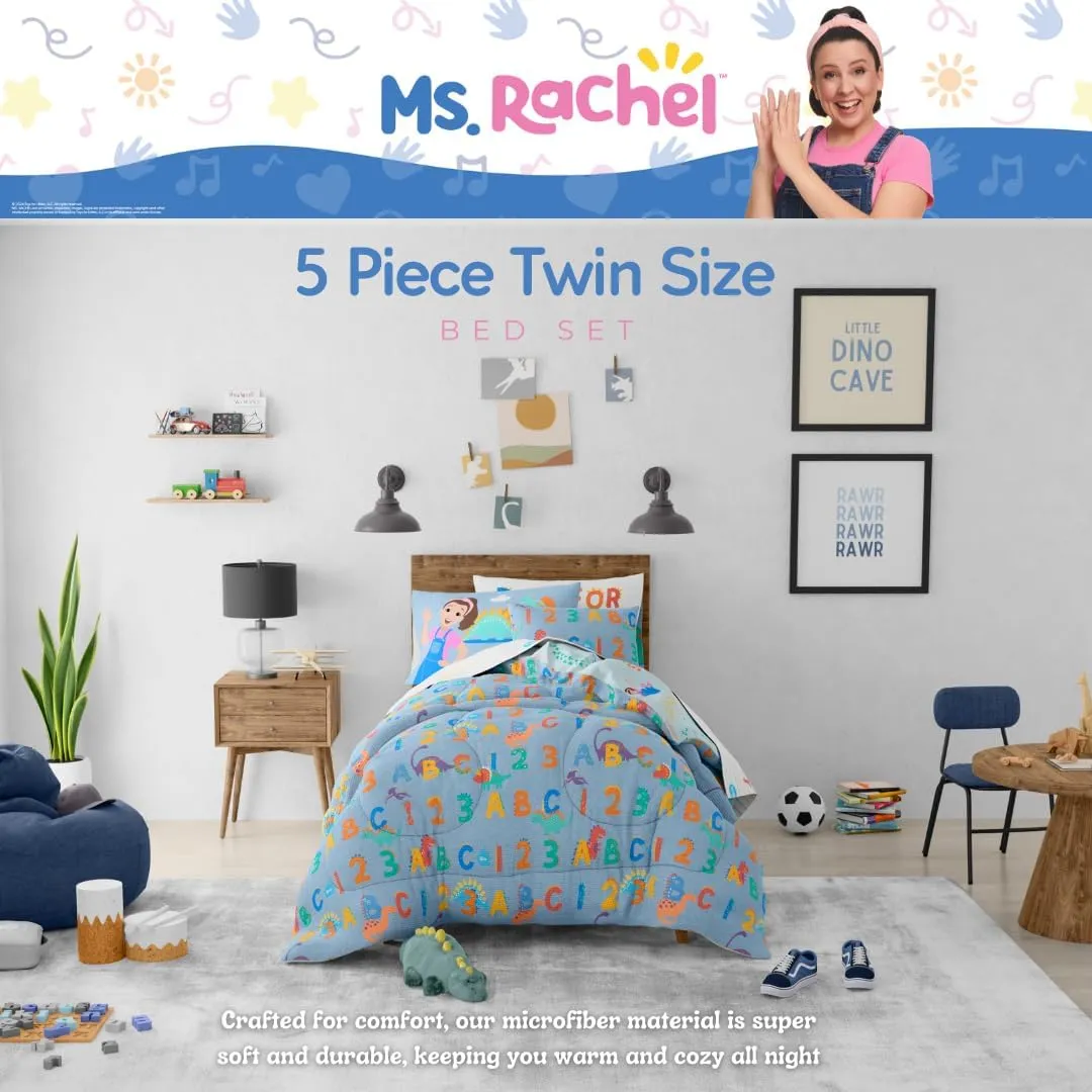 Franco Ms. Rachel Educational Adventures Dino Learning Kids Bedding Super Soft & Cozy Reversible Microfiber Comforter and Sheet Set, 4 Piece Twin Size, (Officially Licensed Product)