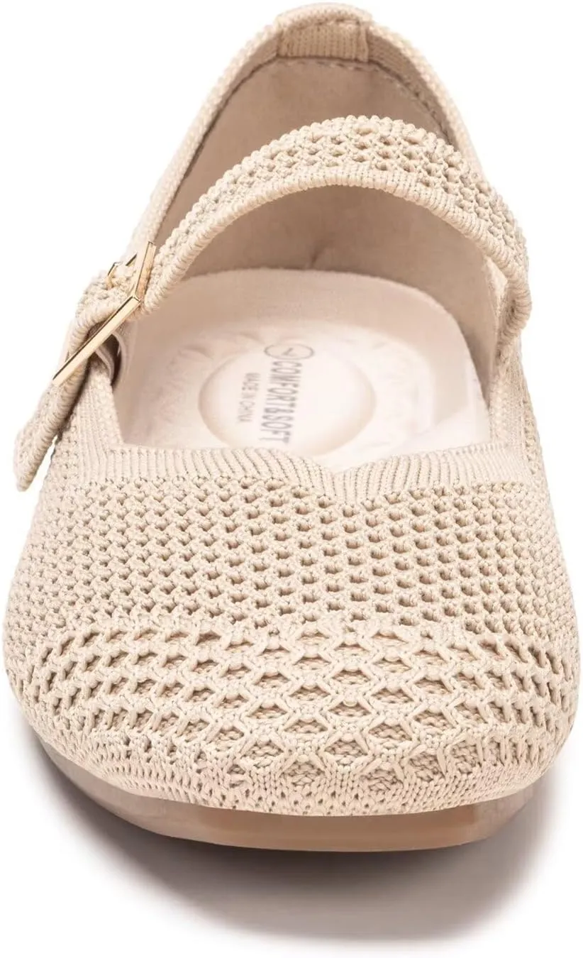Frank Mully Womens Casual Flat Shoes Square Toe Shoes Knitted Mesh Flat Comfort Work Flat Shoes for Daily Washable