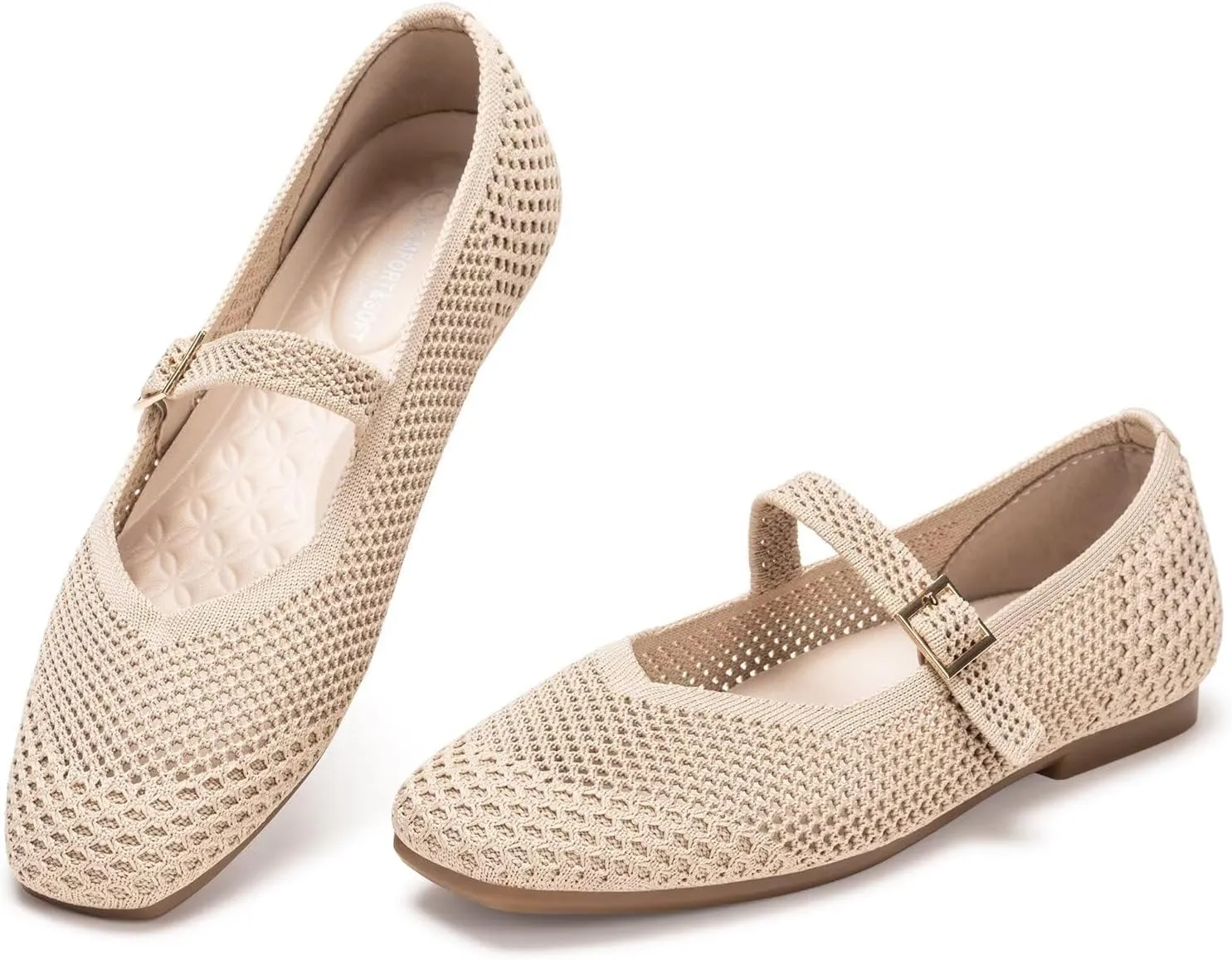 Frank Mully Womens Casual Flat Shoes Square Toe Shoes Knitted Mesh Flat Comfort Work Flat Shoes for Daily Washable