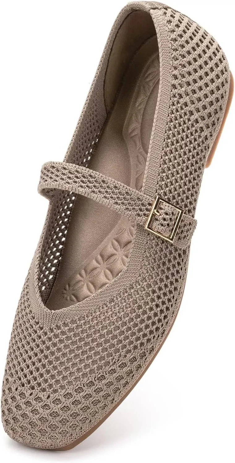 Frank Mully Womens Casual Flat Shoes Square Toe Shoes Knitted Mesh Flat Comfort Work Flat Shoes for Daily Washable