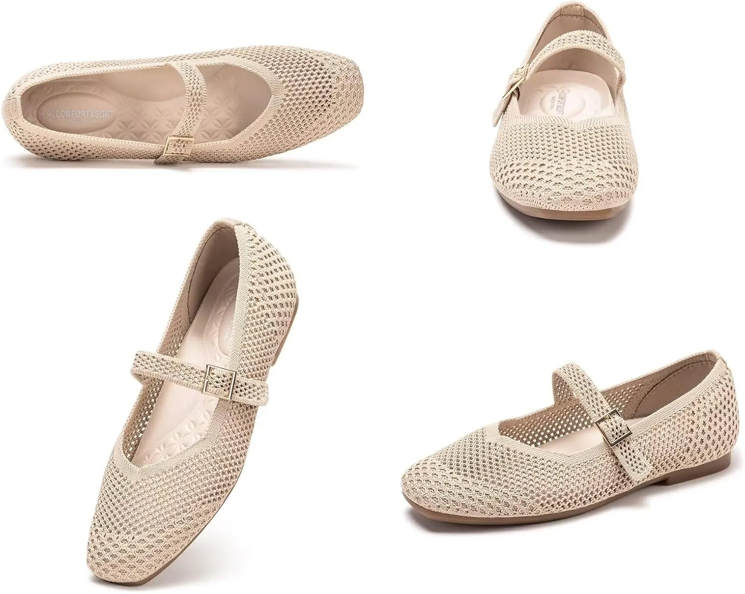 Frank Mully Womens Casual Flat Shoes Square Toe Shoes Knitted Mesh Flat Comfort Work Flat Shoes for Daily Washable