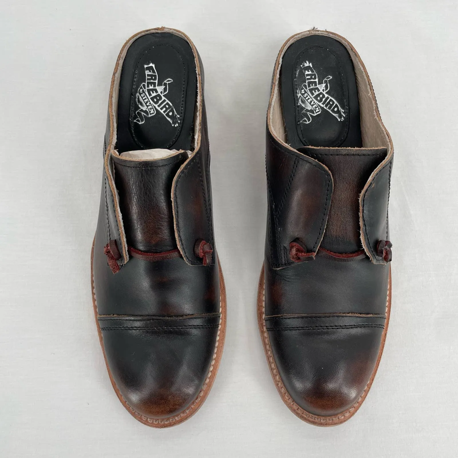 Freebird by Steven Malena Heeled Mule Clog Black Red Leather Neutral Saddle Shoe Size 9