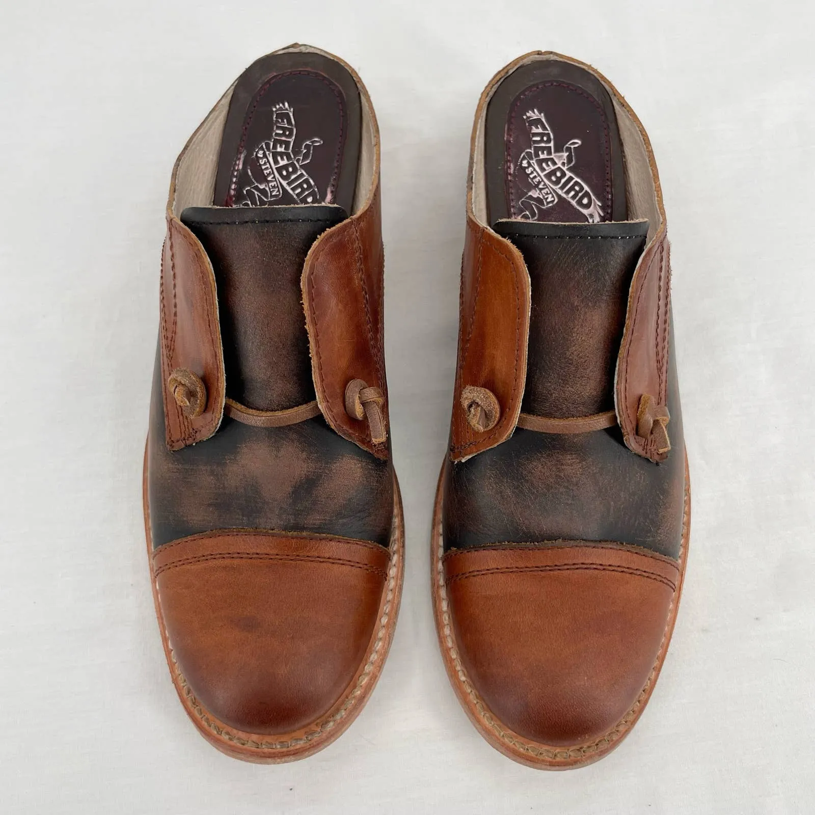 Freebird by Steven Malena Heeled Mule Clog Brown Tan Leather Neutral Saddle Shoe Size 7