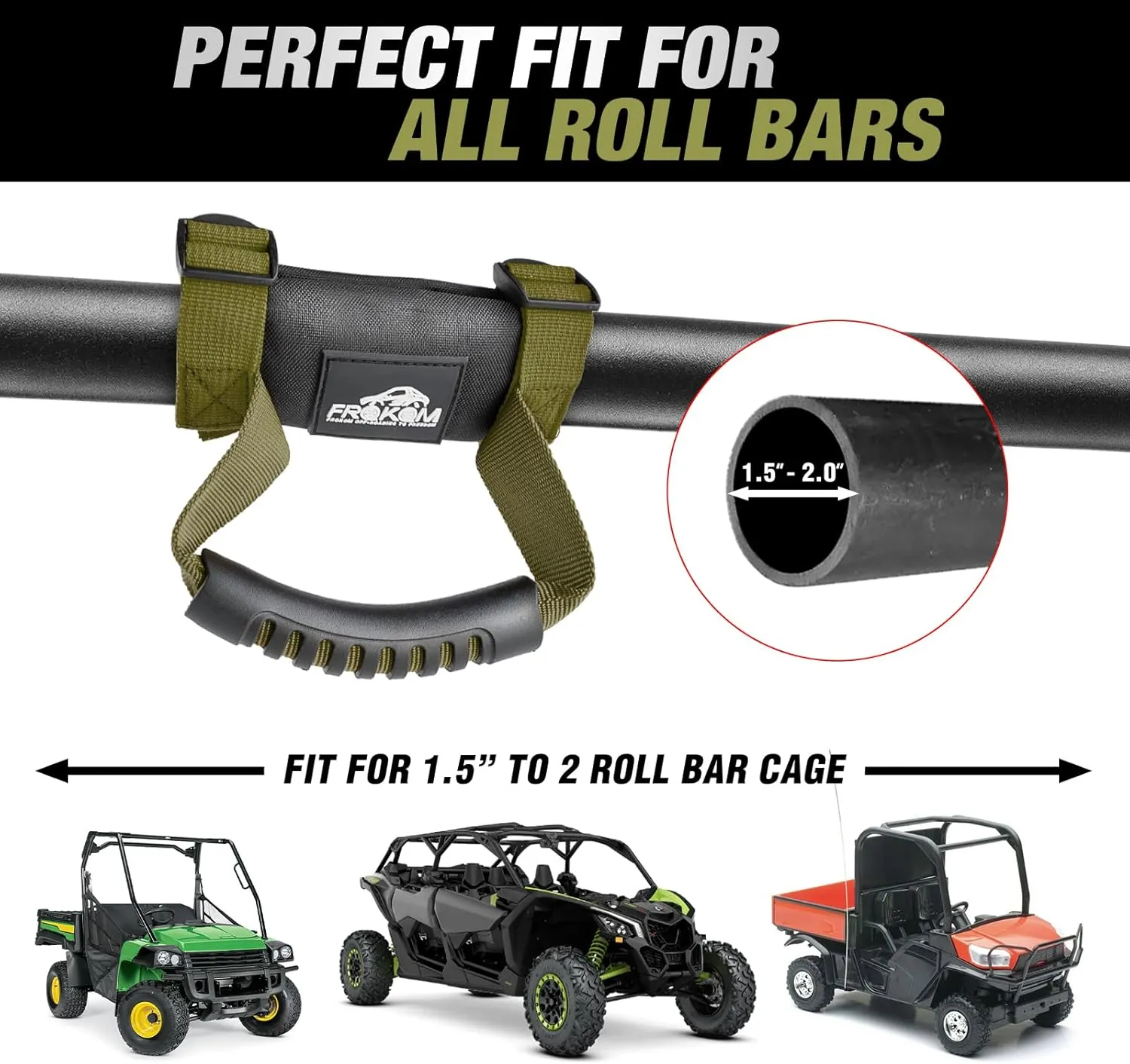 Frokom Roll Bar Grab Handles,UTV Hand Holds for 1.5 to 2" Roll bar cage Fit for Polaris RZR, Can Am X3, Kawasaki Mule Teryx, Honda Pioneer, Wildcat, CFMoto Zforce, Yamaha Rhino-2 PCS Green