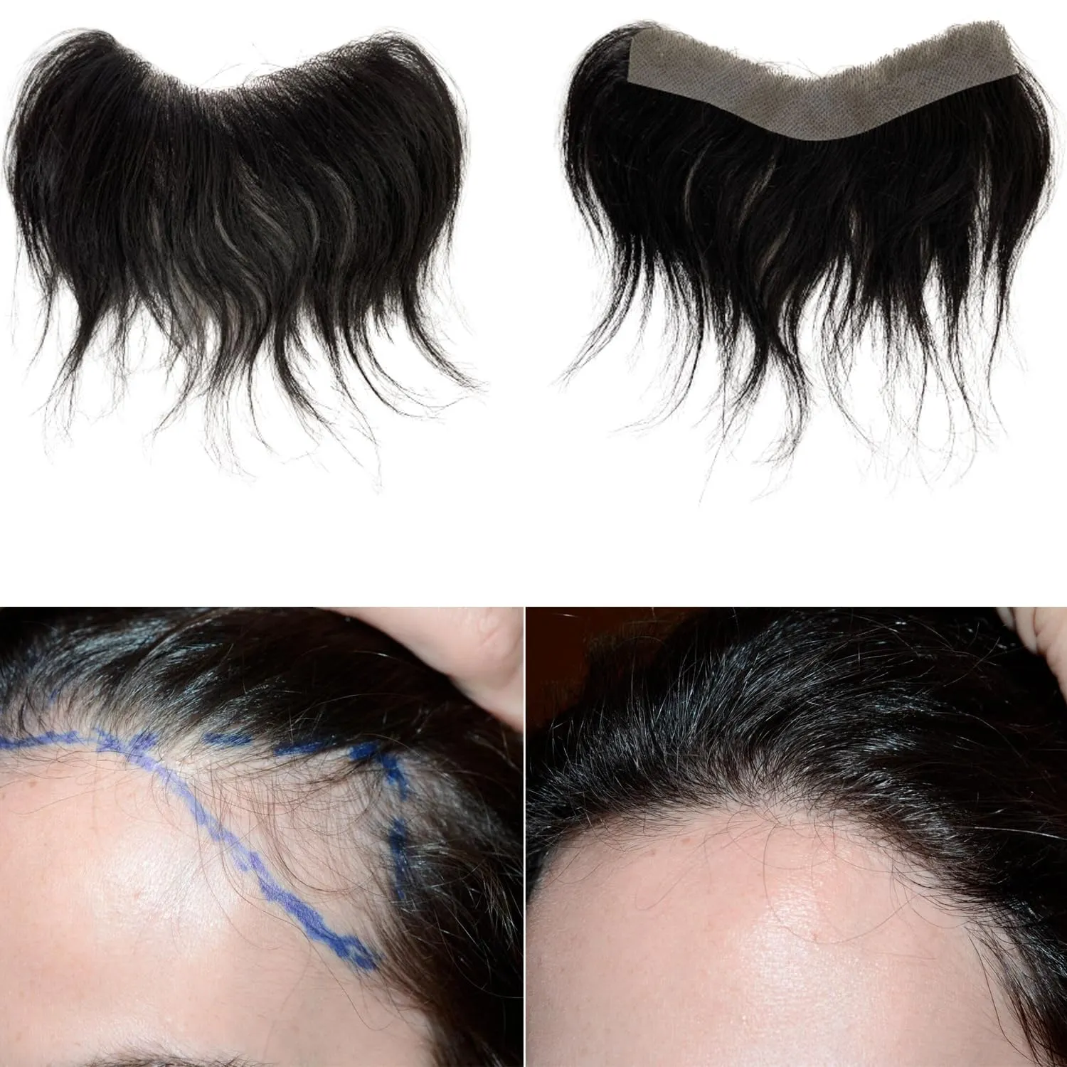Frontal Hairpiece for Women Human Hair Extensions Forehead Hairline PU Skin Toppers Hair Replacement Toupee (1.57x7.08 Inch, 1B Black Color