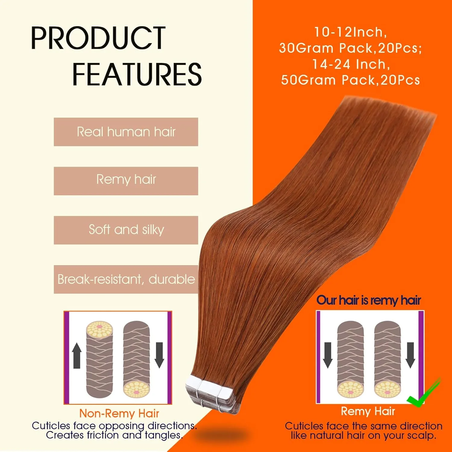 Full Shine Copper Tape in Human Hair Extensions Color 550 Hair Extensions Tape in 14Inch Orange Red Remy Seamless Skin Weft 50Gram 20Pcs Natural Invisible Extension for Wedding