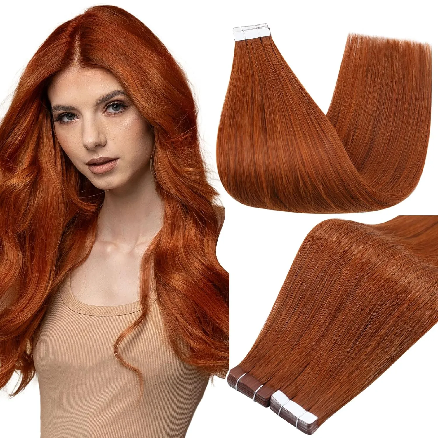 Full Shine Copper Tape in Human Hair Extensions Color 550 Hair Extensions Tape in 14Inch Orange Red Remy Seamless Skin Weft 50Gram 20Pcs Natural Invisible Extension for Wedding