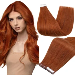 Full Shine Copper Tape in Human Hair Extensions Color 550 Hair Extensions Tape in 14Inch Orange Red Remy Seamless Skin Weft 50Gram 20Pcs Natural Invisible Extension for Wedding