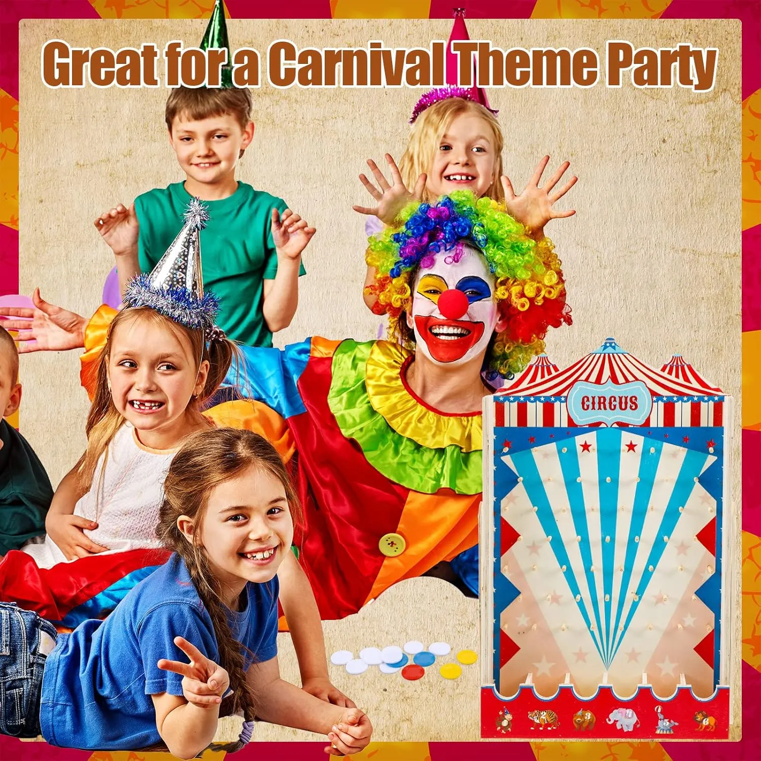 Fulmoon Carnival Game Circus Theme Party Game Disk Drop Game with 8 Disks Fun Wood Family Board Game for Carnival Party Decorations Birthday Party Supplies Activities(15.7 x 10 Inch)