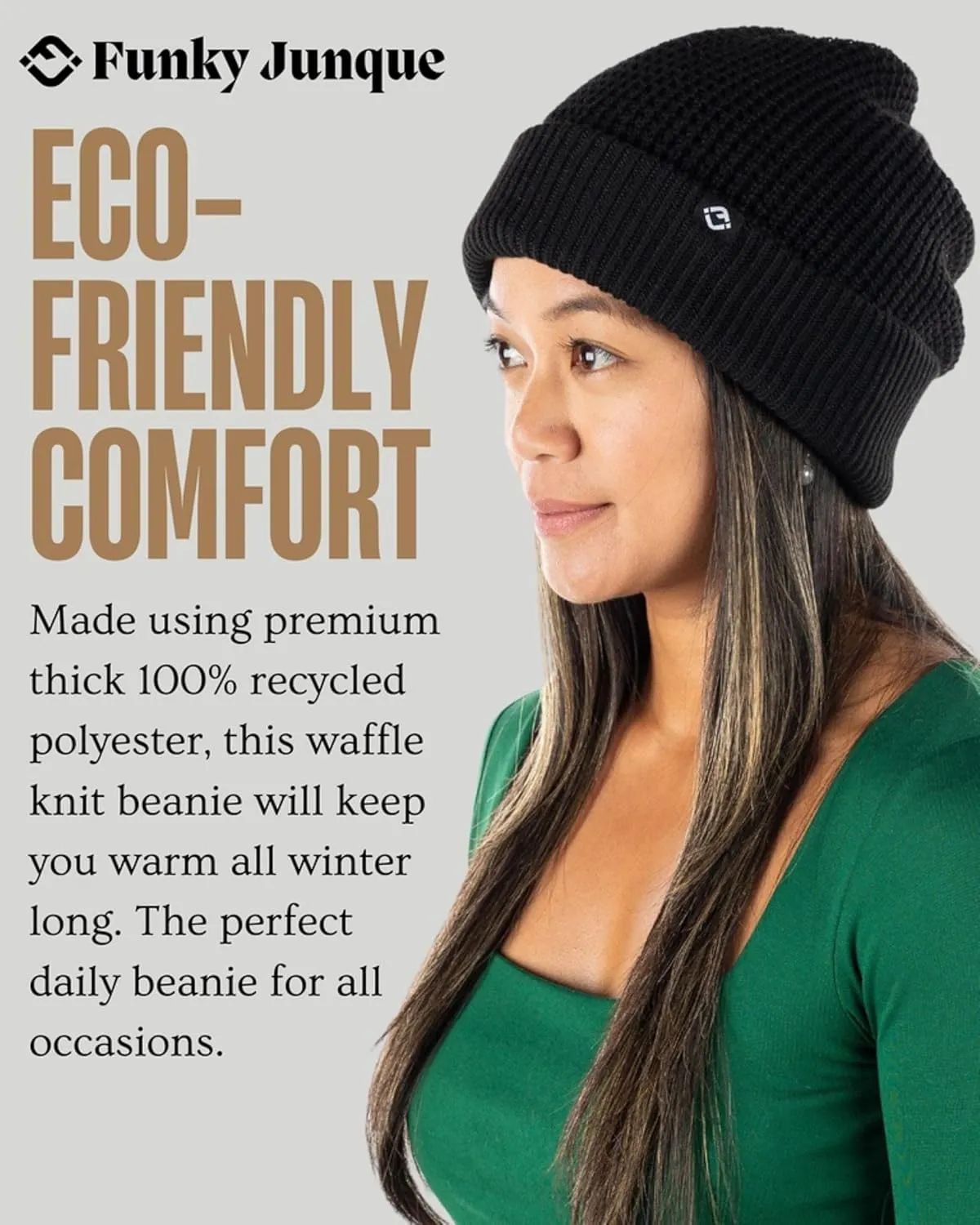 Funky Junque Unisex Waffle Beanie Knit Winter Hat, Super Soft Ultra Warm Double-Layered Ski Cap with Ribbed Cuff