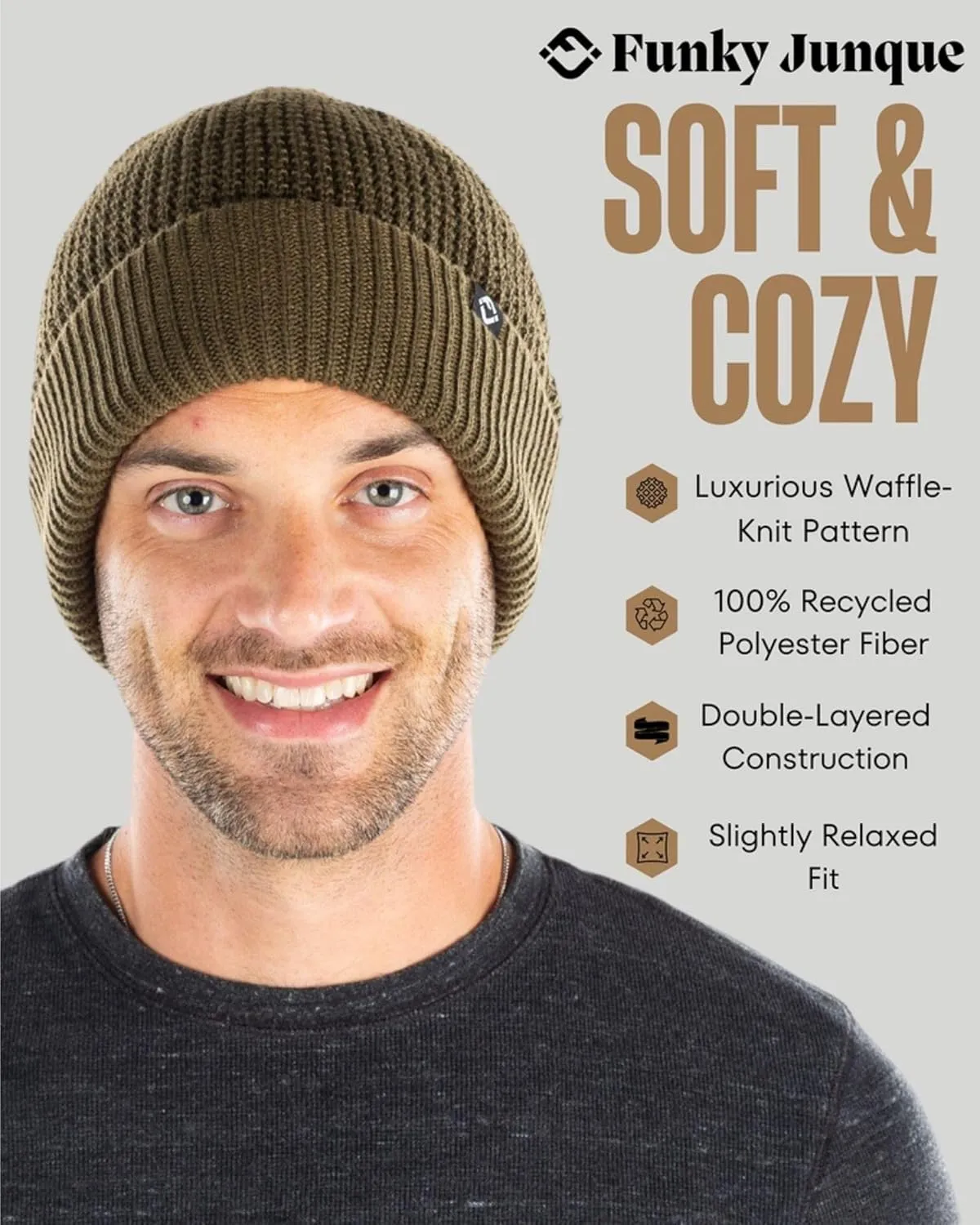 Funky Junque Unisex Waffle Beanie Knit Winter Hat, Super Soft Ultra Warm Double-Layered Ski Cap with Ribbed Cuff