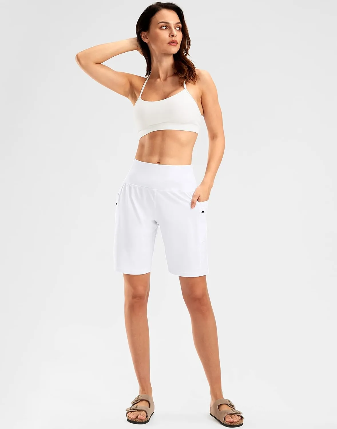 G Gradual Women's High Waisted 9" Bermuda Shorts with Zipper Pockets Athletic Workout Long Shorts for Women Knee Length