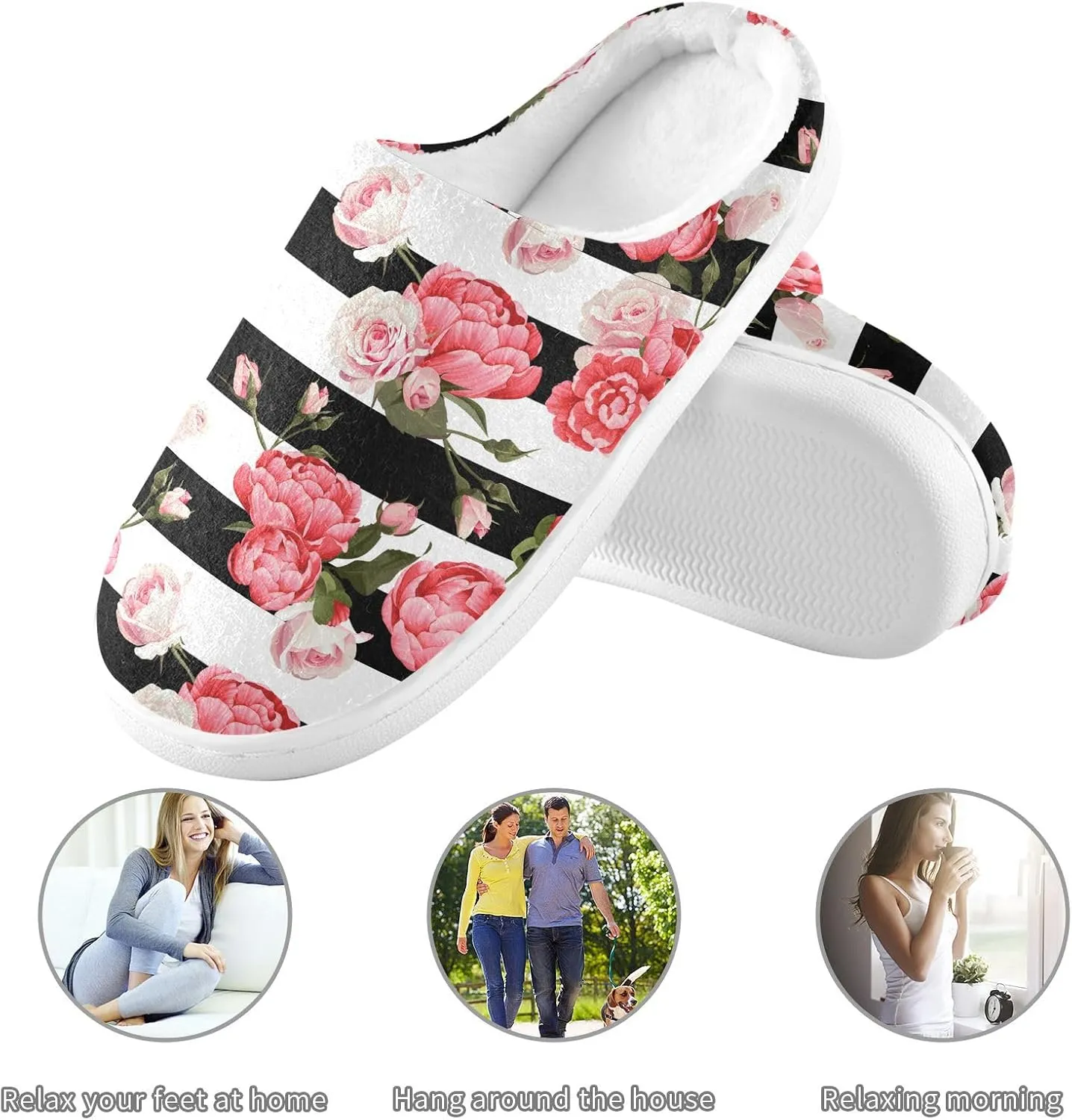 GAIGEO Mens House Slippers Elegant Floral Stripes, Memory Foam Slippers for Women for Indoor Bedroom, Warm Winter House Shoes