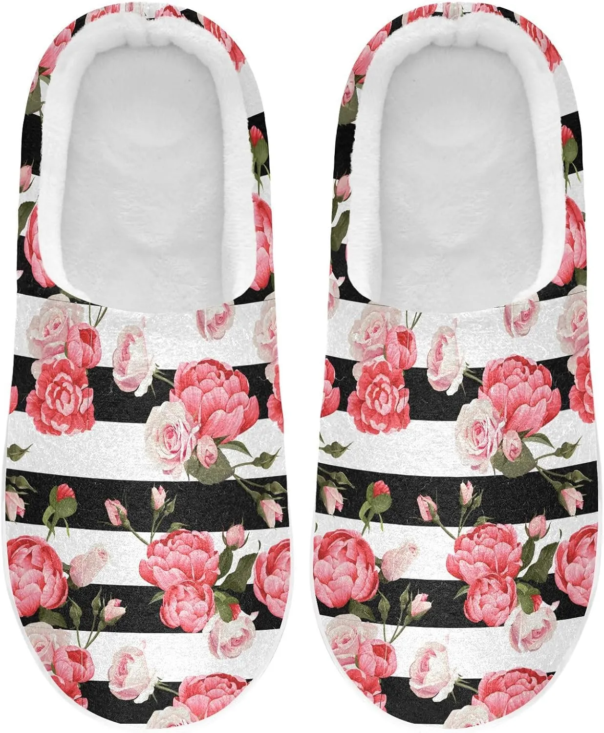 GAIGEO Mens House Slippers Elegant Floral Stripes, Memory Foam Slippers for Women for Indoor Bedroom, Warm Winter House Shoes