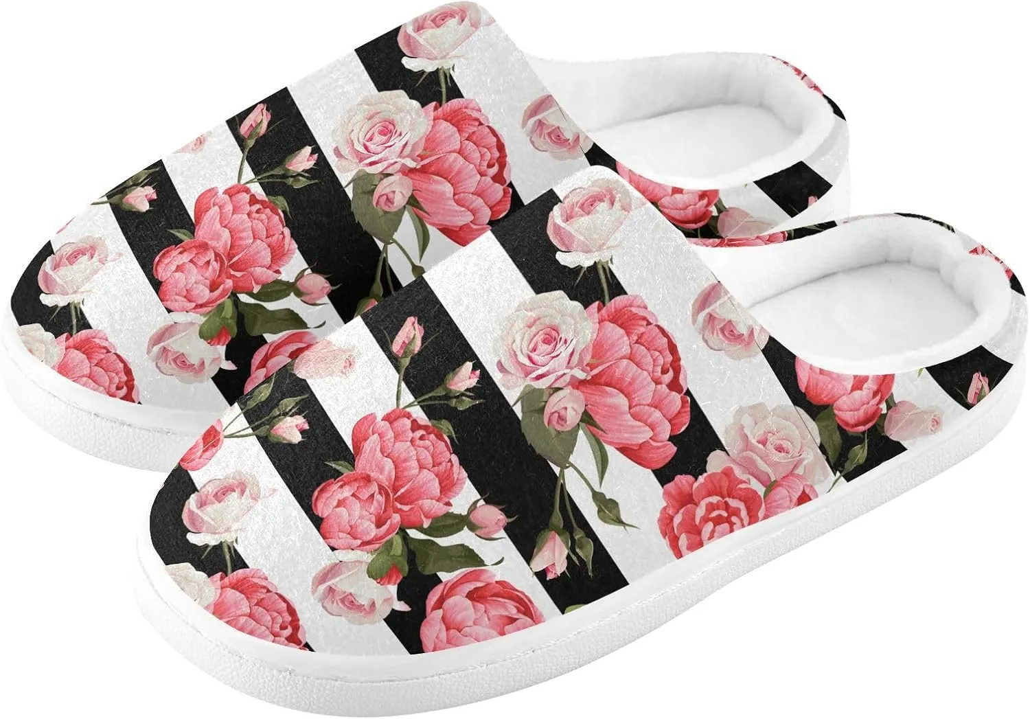 GAIGEO Mens House Slippers Elegant Floral Stripes, Memory Foam Slippers for Women for Indoor Bedroom, Warm Winter House Shoes