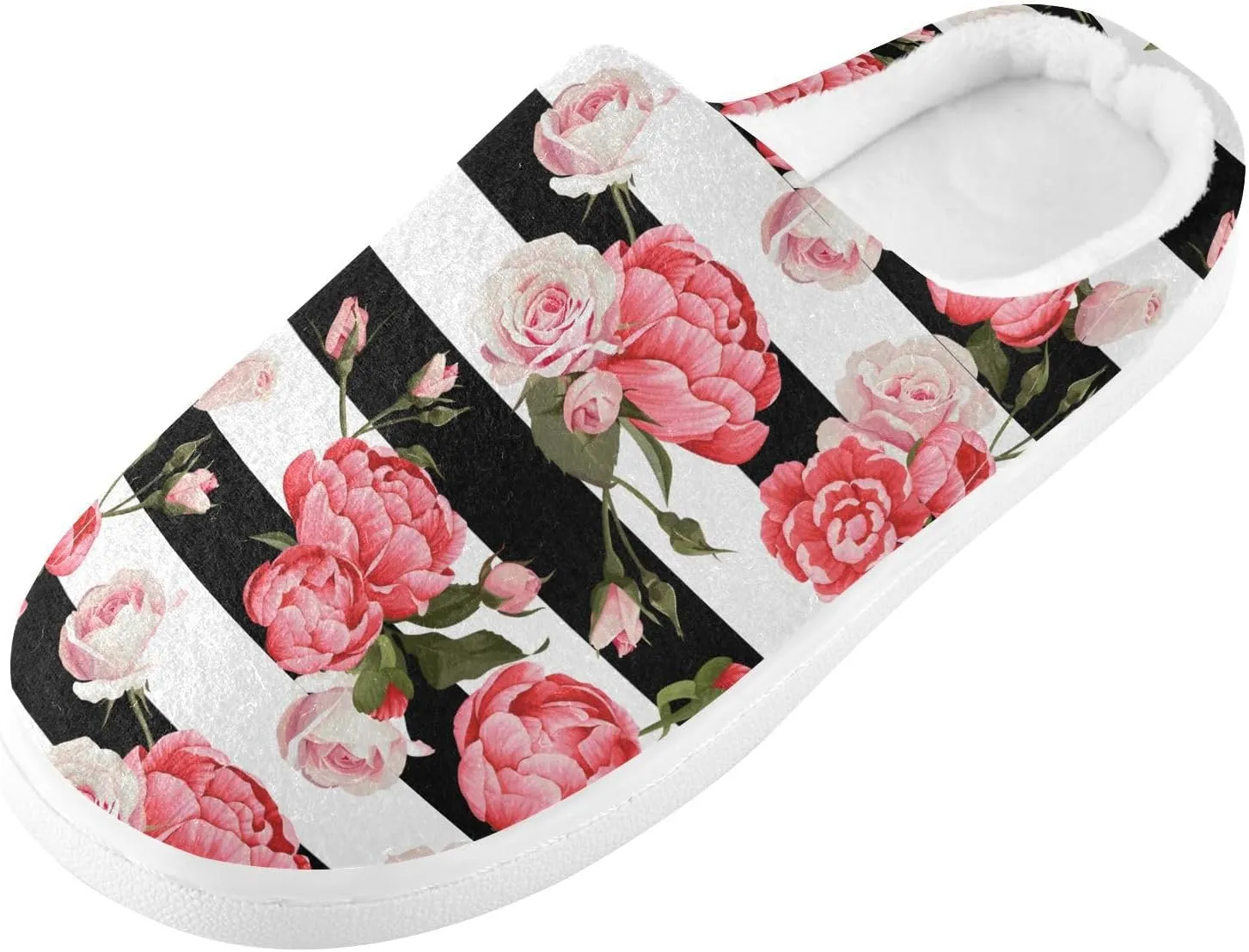 GAIGEO Mens House Slippers Elegant Floral Stripes, Memory Foam Slippers for Women for Indoor Bedroom, Warm Winter House Shoes
