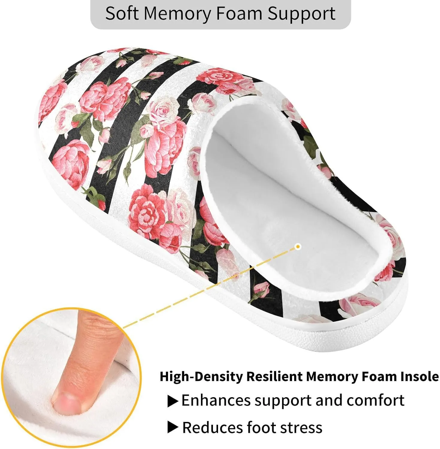 GAIGEO Mens House Slippers Elegant Floral Stripes, Memory Foam Slippers for Women for Indoor Bedroom, Warm Winter House Shoes