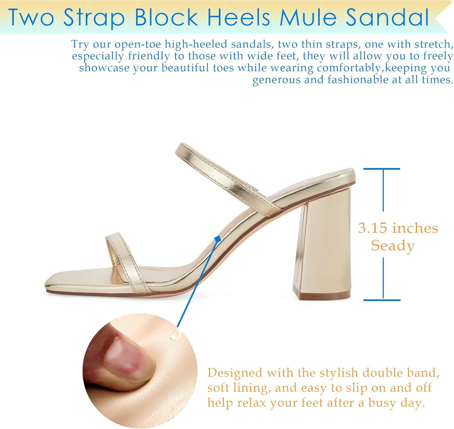 GENSHUO High Chunky Heels for Women Fashion Comfort Slip on Square Open Toe Block Heel Sandals Two Strap Backless Mules